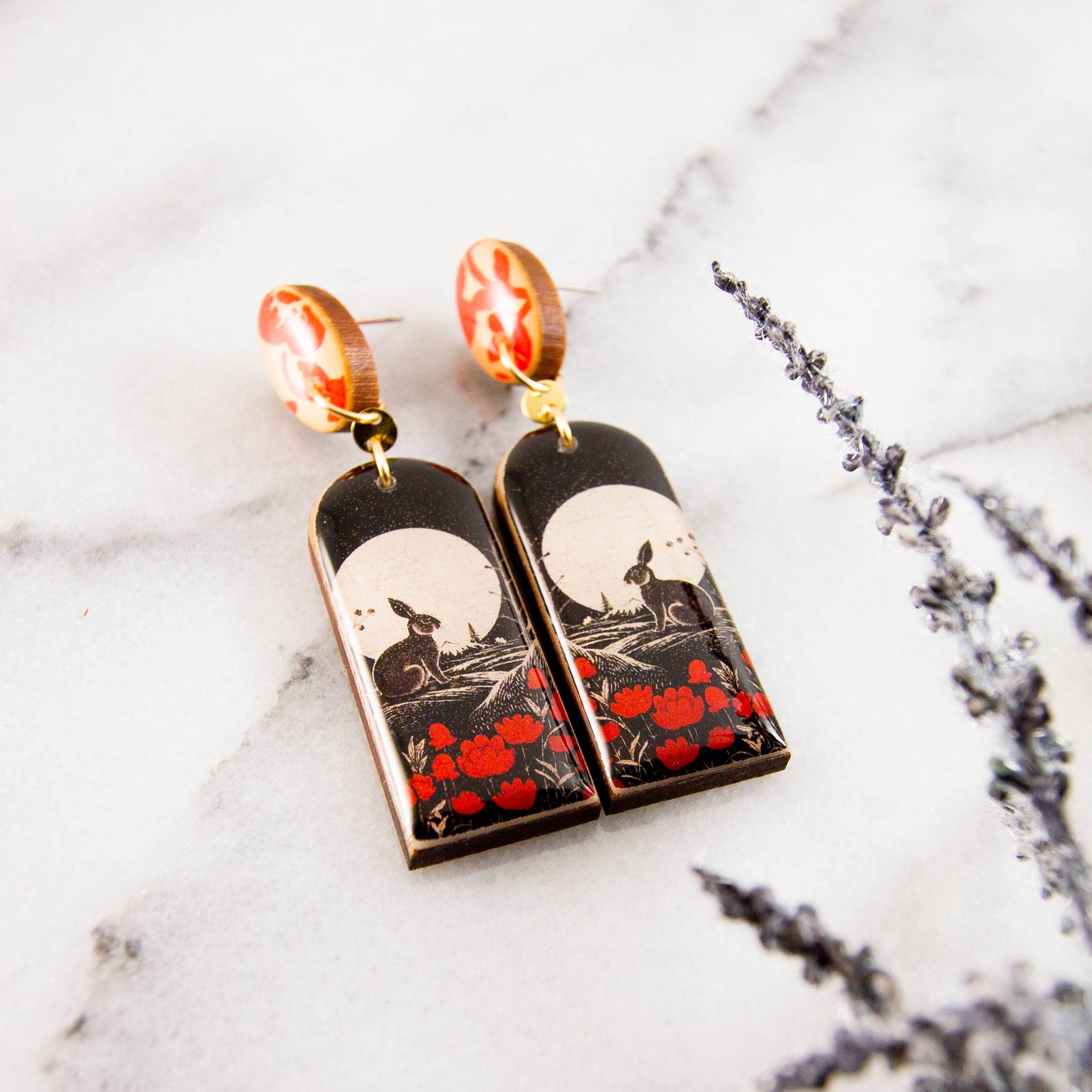 Vintage Red + Black Rabbit Drop Post Earrings