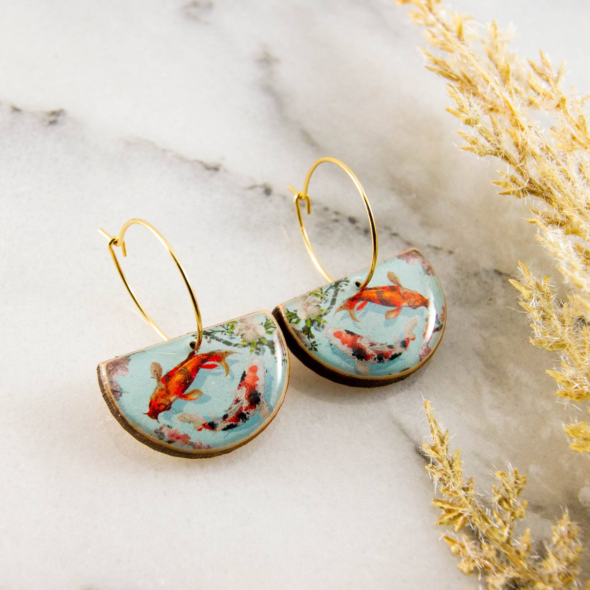 Watercolor Koi Fish Drop Hoop Earrings