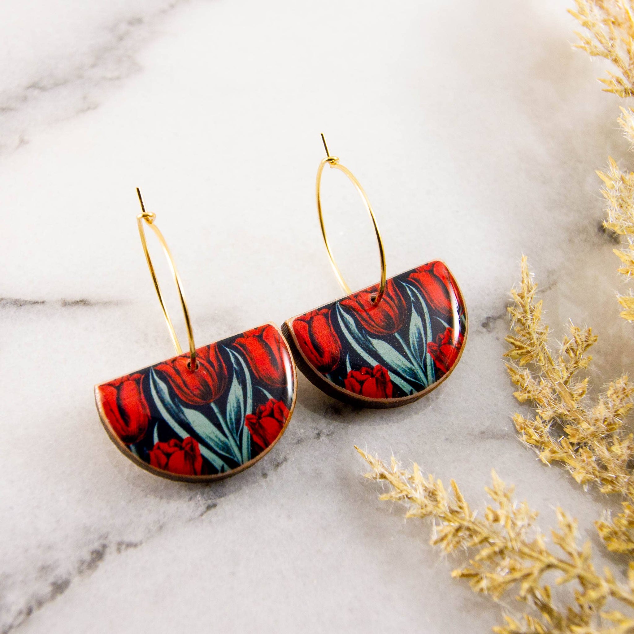 Vintage Red Tulip Drop Hoop Earrings