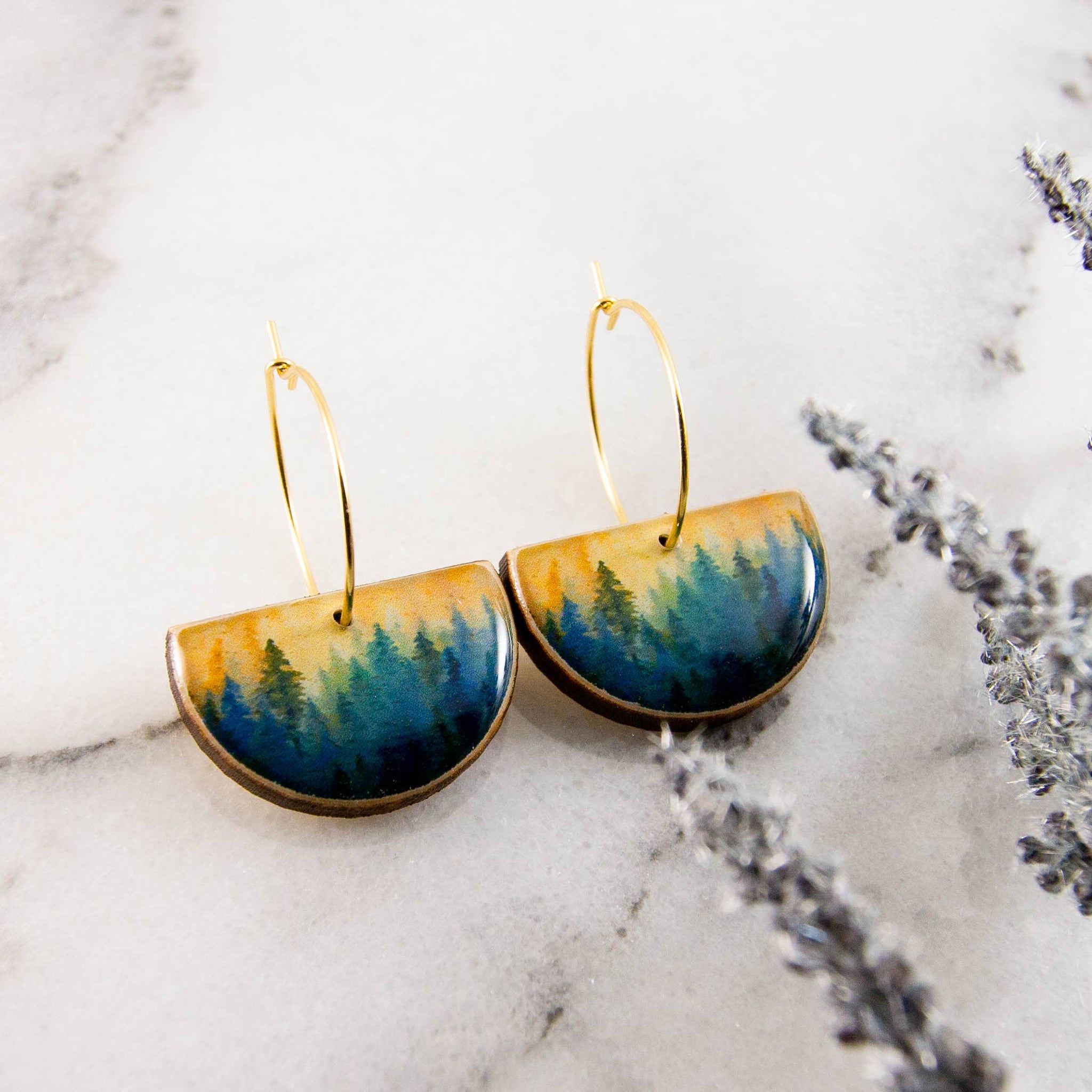 Watercolor Forest Drop Hoop Earrings